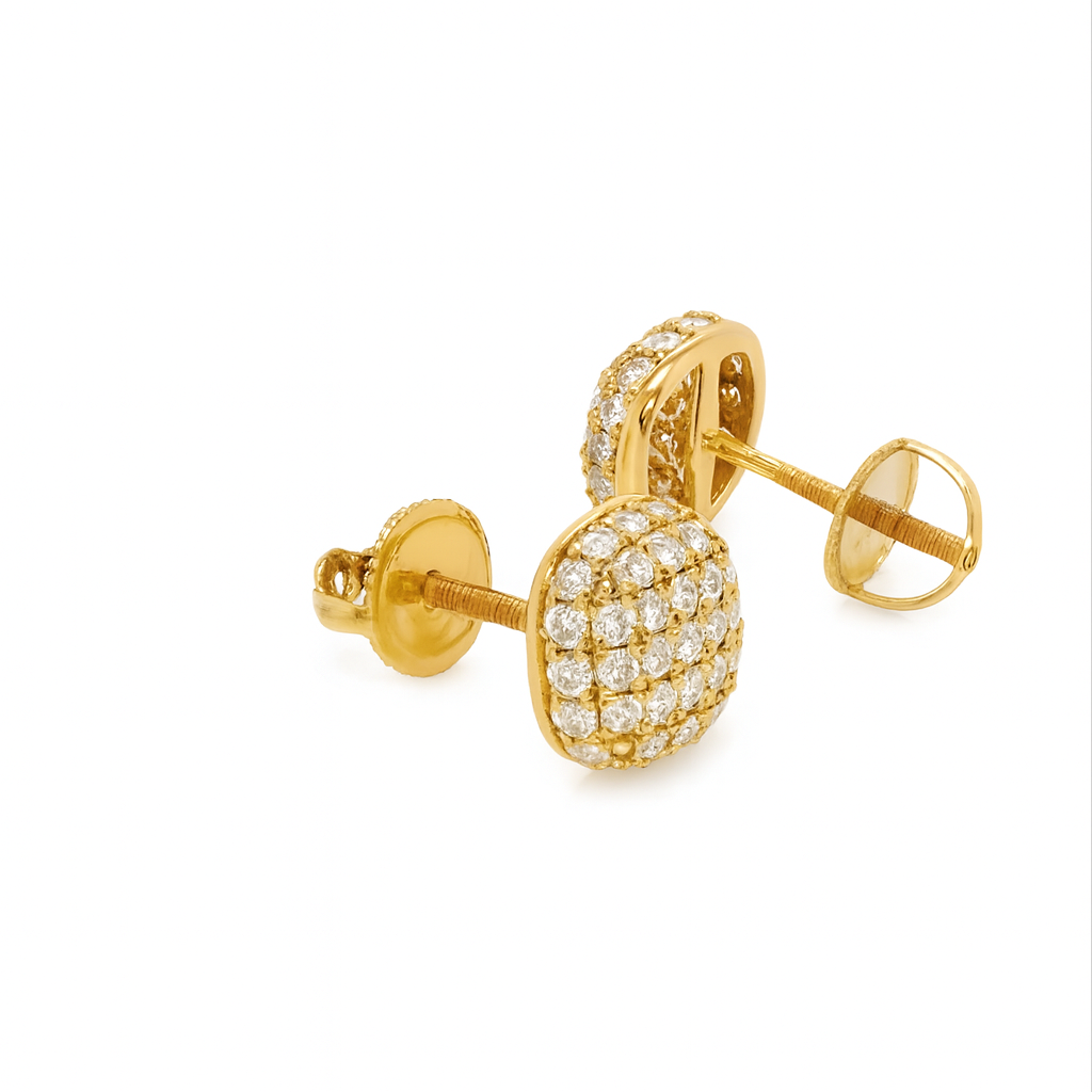 14K Gold Diamond Grid Cushion Stud Earrings