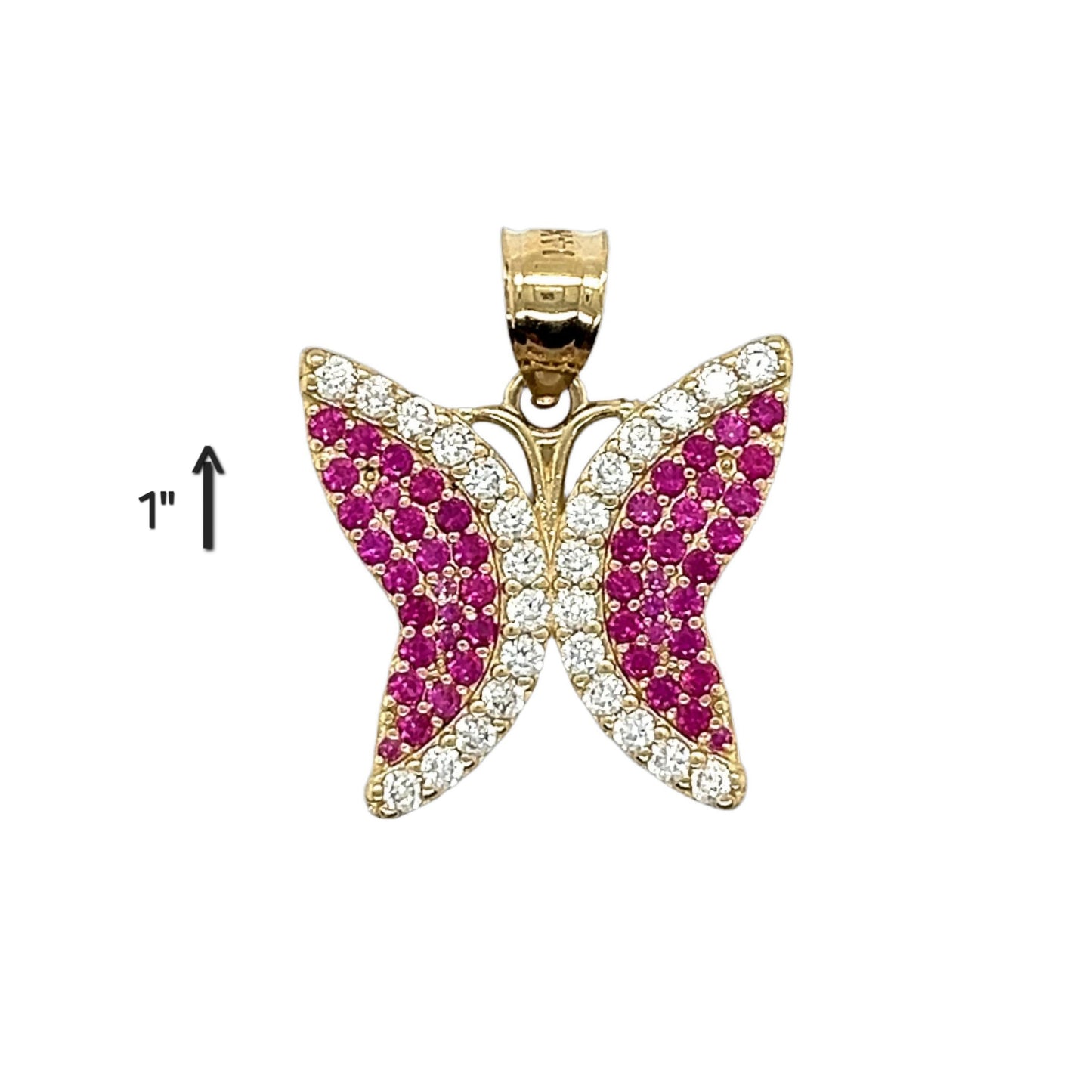 Colgante de mariposa con circonita cúbica de color rosa en oro de 14 quilates