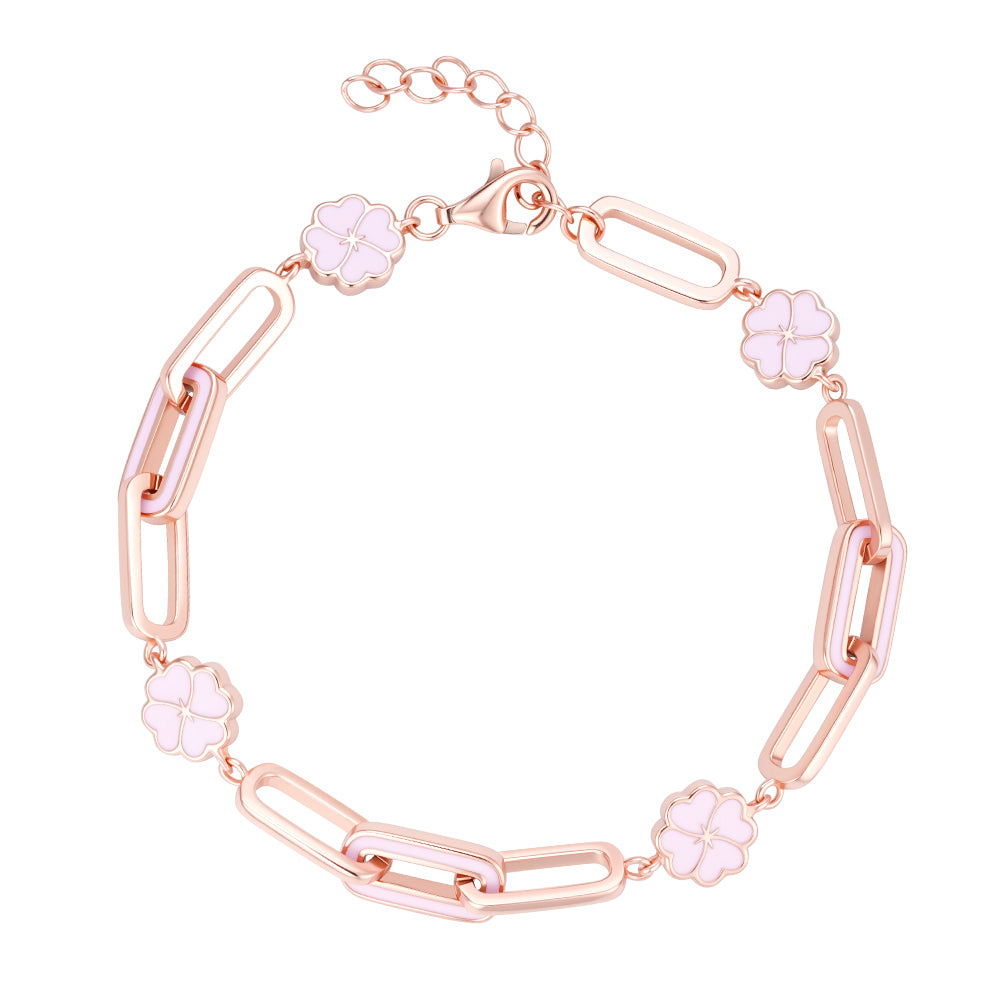 Double-Sided Flower Paperclip Bracelet in Sterling Silver – Reversible Pink and Blue Enamel Charms