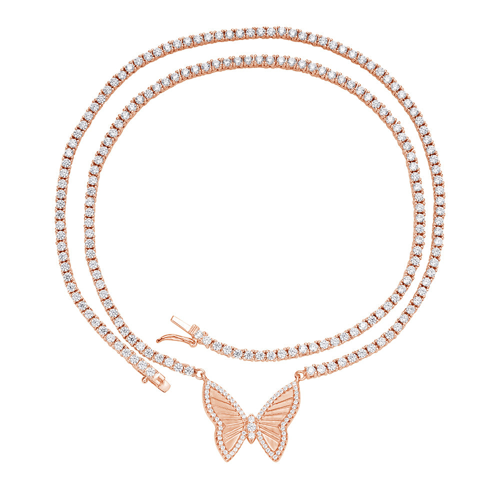Butterfly Tennis Chain Necklace Sterling Silver, 16", CZ or Moissanite