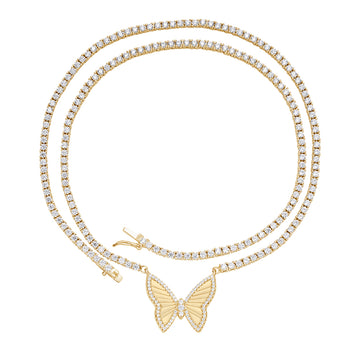 Butterfly Tennis Chain Necklace Sterling Silver, 16", CZ or Moissanite