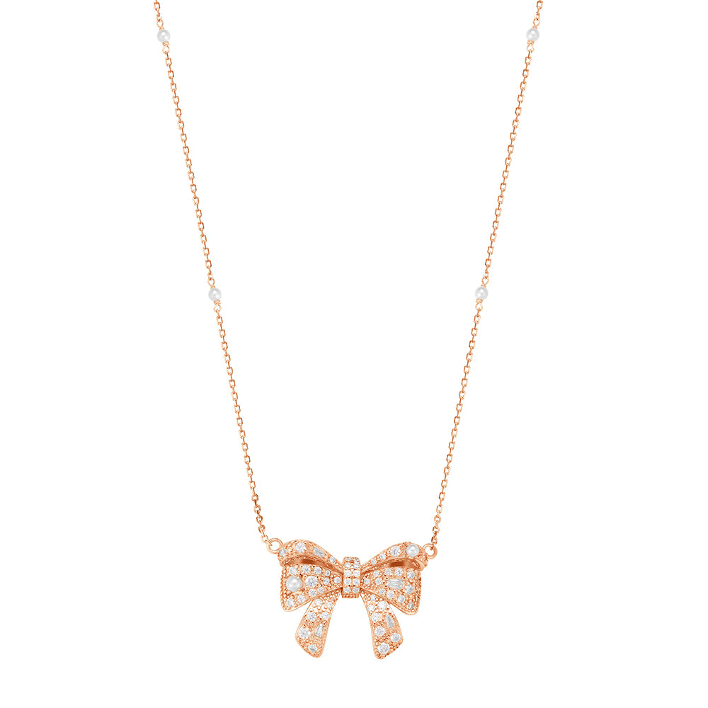 Sterling Silver Pavé Bow Necklace with Moissanite or Cubic Zirconia