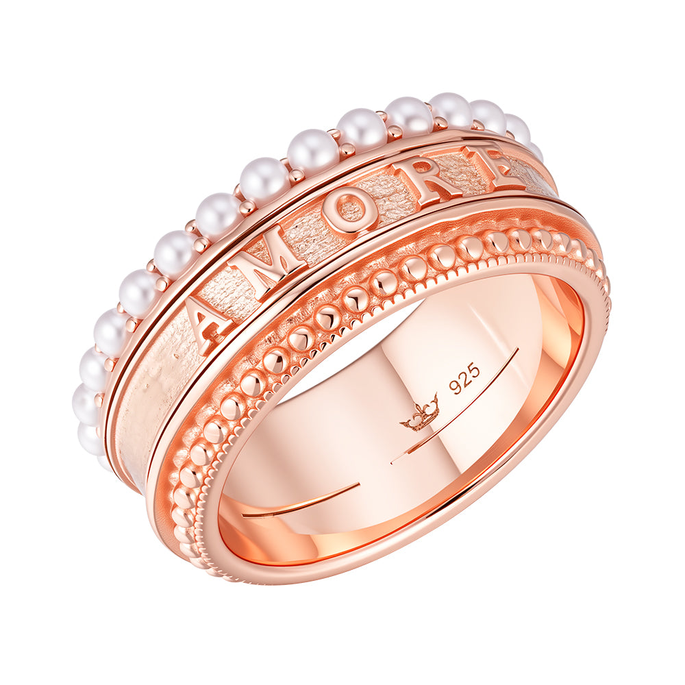 Sterling Silver Pearl Spinner Band Ring with Love & Amore Engraving