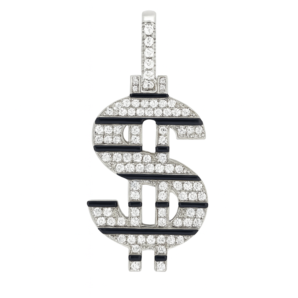 Sterling Dollar Sign Pendant with Moissanite Stones and Black Enamel Finish