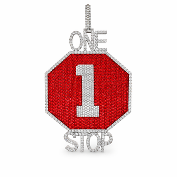 “One Stop” Custom Octagon Pendant in Silver with Moissanite & Red CZ