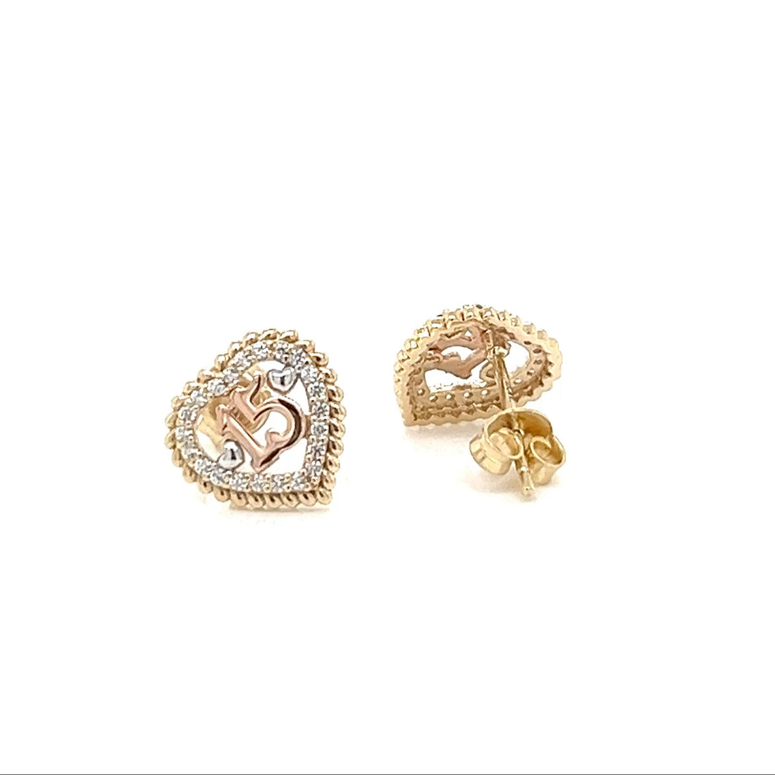 Quinceañera 15 Heart Earrings – 14k Two-Tone Gold with CZ Accents