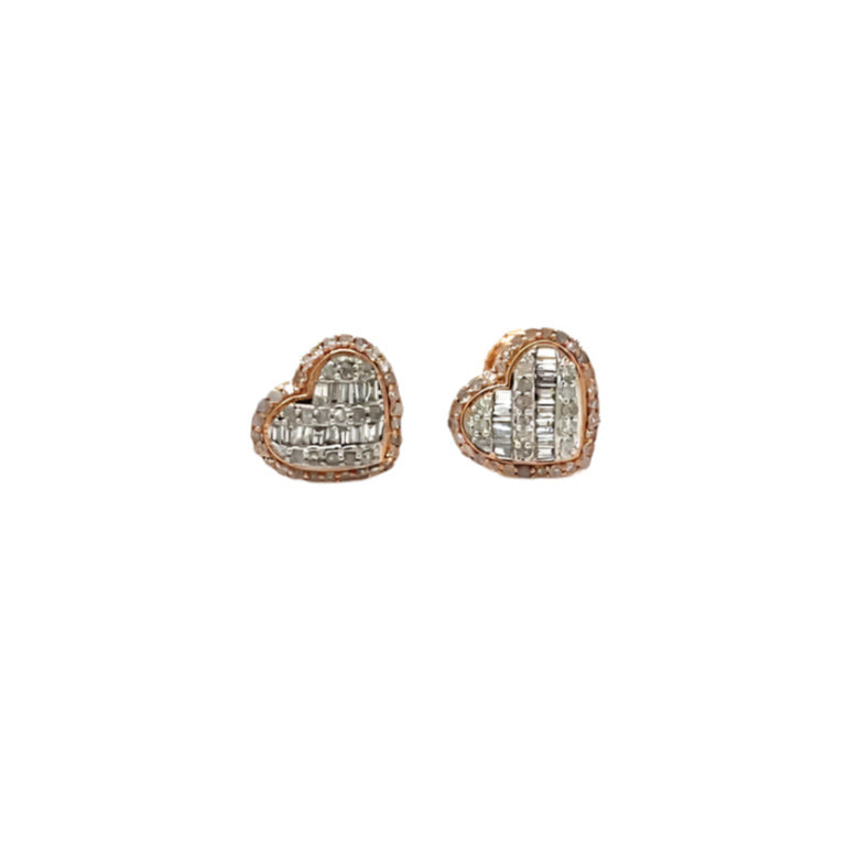 14K Gold Heart Shaped Screw back Earrings With Round & Baguette Natural Diamonds 0.41ct  -  ER00252