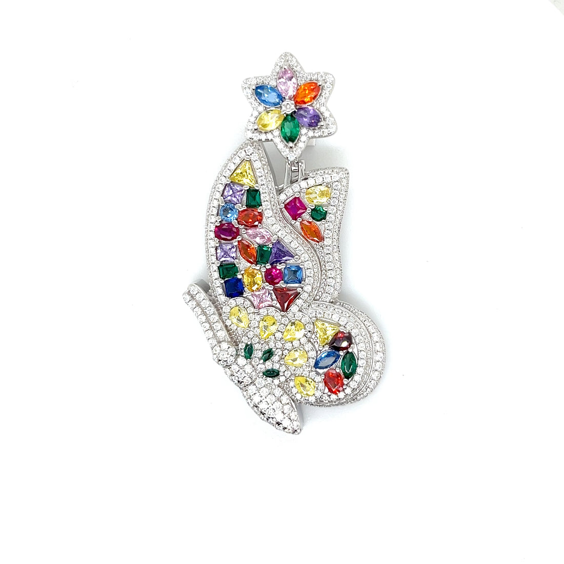 Floral Butterfly Brooch in Sterling Silver with Multi-Gem Accents