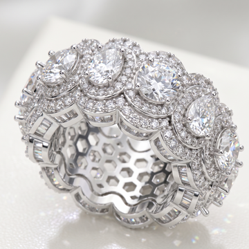 Oval Cut Moissanite Halo Eternity Band Ring in Sterling Silver