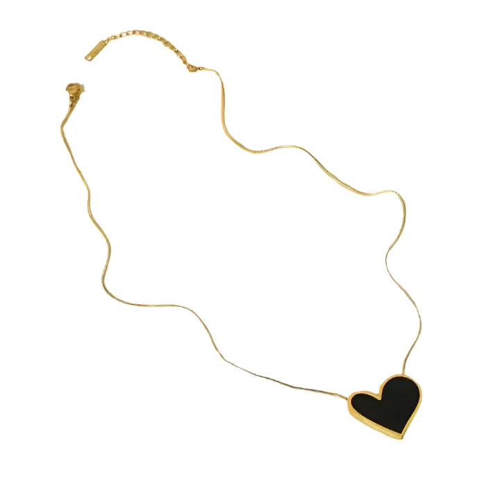 18K Gold-Plated Stainless Steel Black Enamel Heart Pendant Necklace Irregular Design