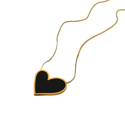 18K Gold-Plated Stainless Steel Black Enamel Heart Pendant Necklace Irregular Design