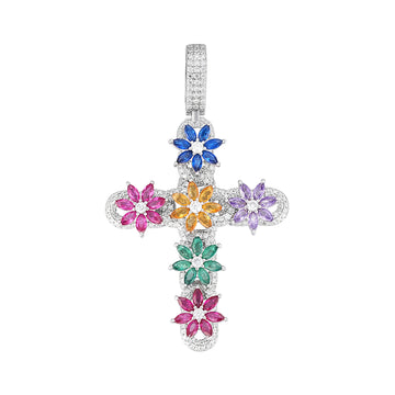 Floral Cross Pendant in Sterling Silver with Moissanite & Multi-Gem Accents
