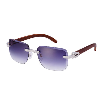 Blue Lens Iced-Out Wood Sunglasses