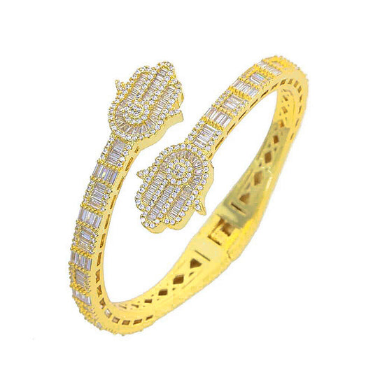 14k Gold Plated 2" Hamsa Hand Iced Out Zirconia Baguette Bracelet Bangle