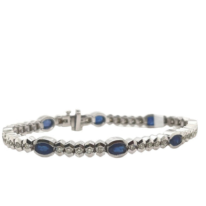 14k White Gold Blue Sapphire Oval Natural Diamond Bracelet