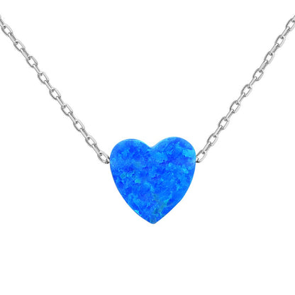 Blue Pink White Opal Heart Charm Pendant & Chain 16" Necklace in 925 Sterling Silver - C5090019