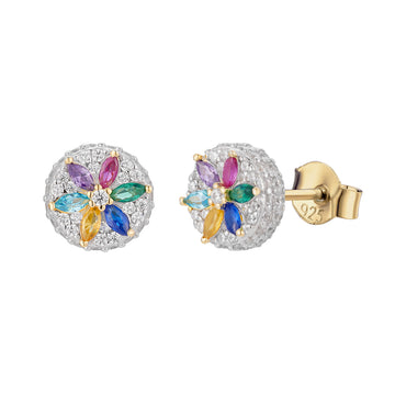Multi-Gemstone Flower Round Stud Earrings