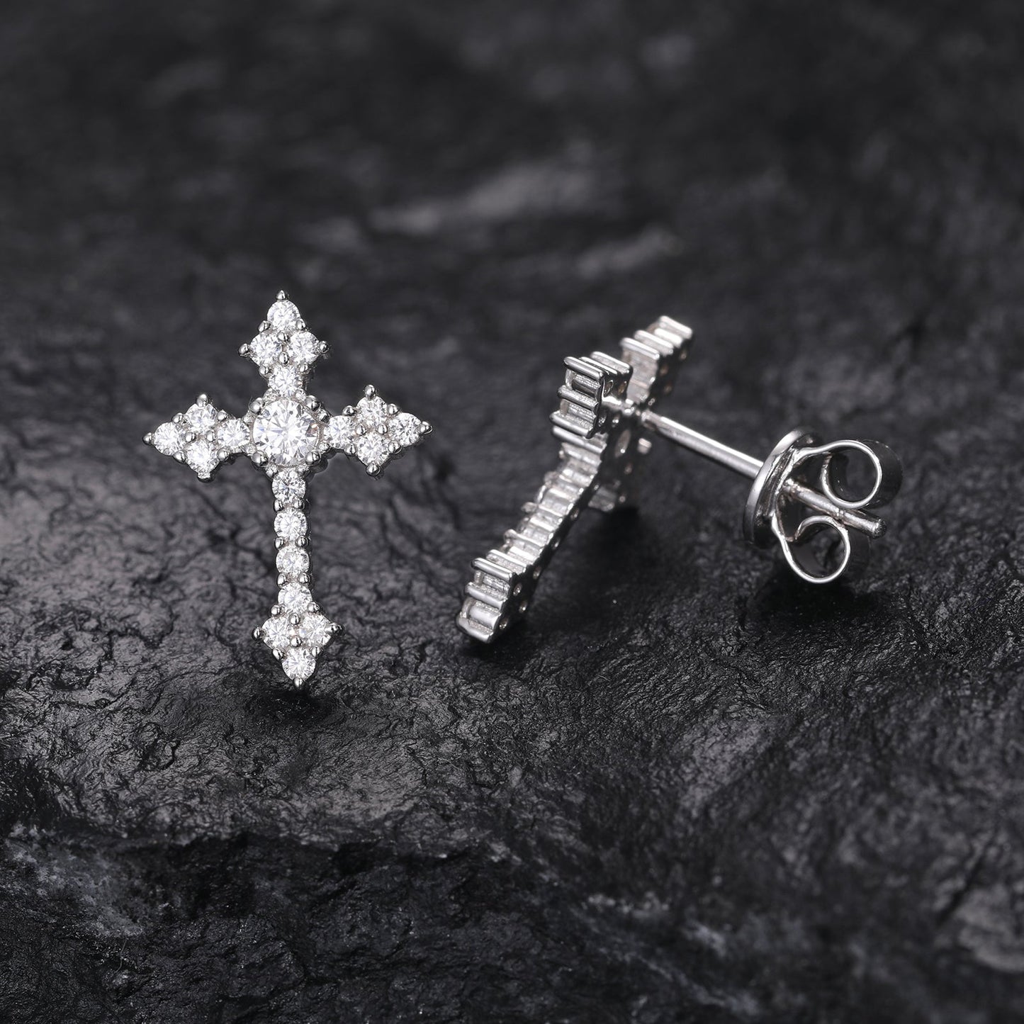 Iced Out Cubic Zirconia 925 Sterling Silver Cross Earrings - C200019