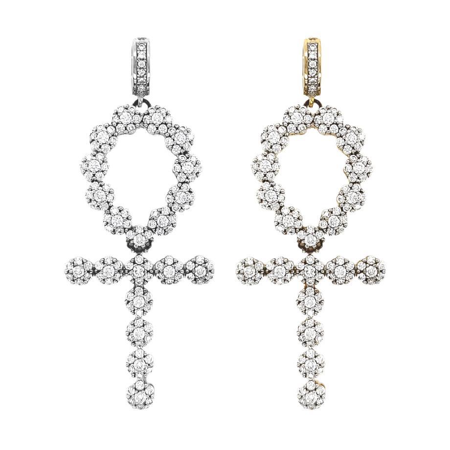 Mens Iced Out Unisex Flower Zirconia Ankh Cross 2.1" Charm Pendan - C424599