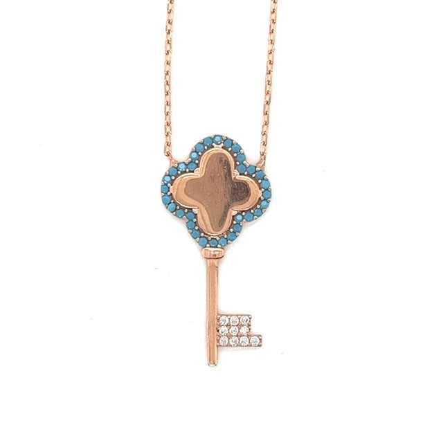 Blue Topaz Clover Flower Key Zirconia Sterling Necklace Chain - C50349