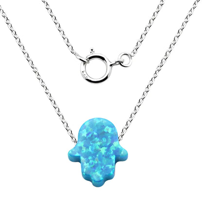 Blue White Pink Opal Hamsa Hand Protective Evel Eye 16" Silver Necklace Chain - CS09002