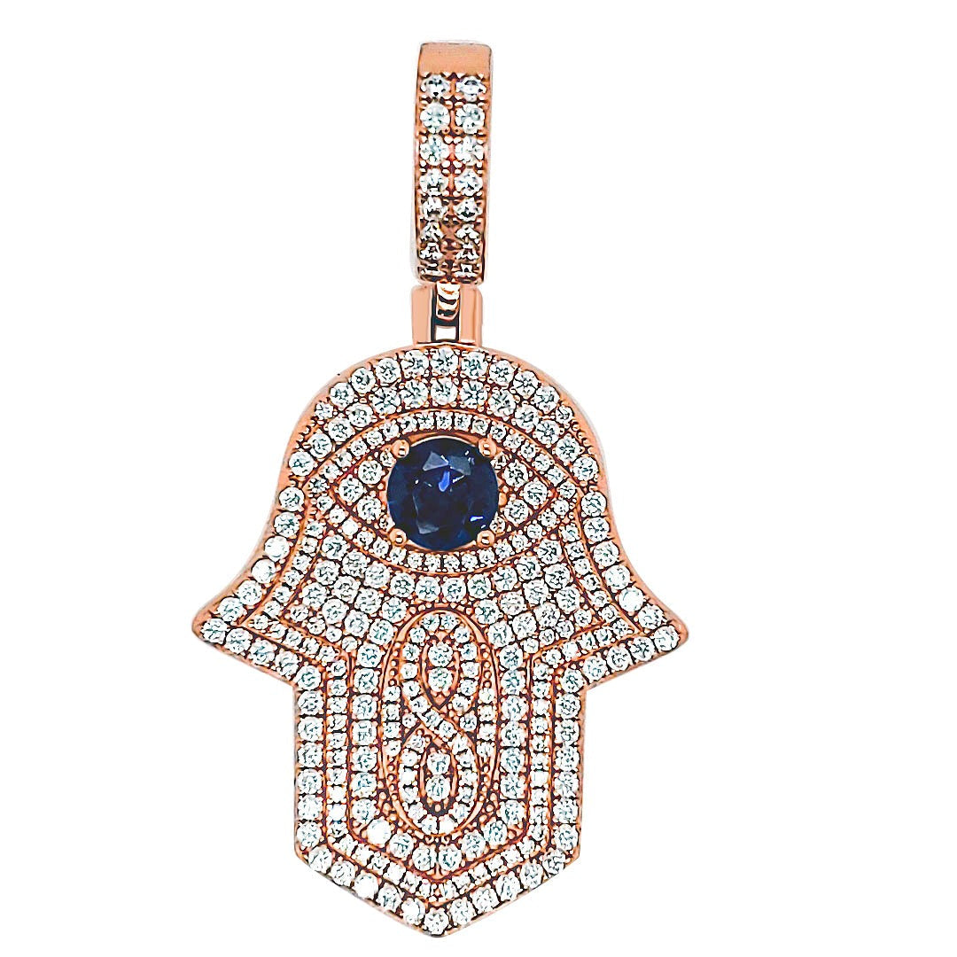 Sterling CZ Infinity Blue Cubic Zirconia 1.4" Hamsa Hande Pendant Charm - C414189