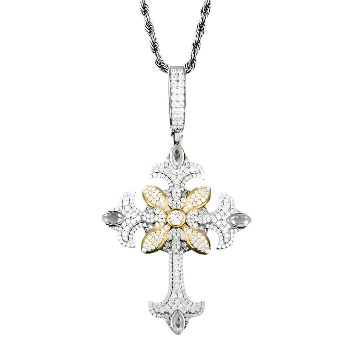 Religious Round Cubic Zirconia Flared Cross Pendant Charm - C400139