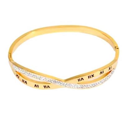 Roman Numerals Interleaved CZ Stainless Steel Bracelets Bangles