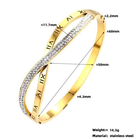 Roman Numerals Interleaved CZ Stainless Steel Bracelets Bangles