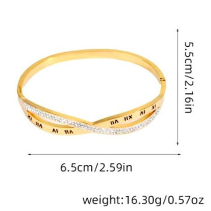 Roman Numerals Interleaved CZ Stainless Steel Bracelets Bangles