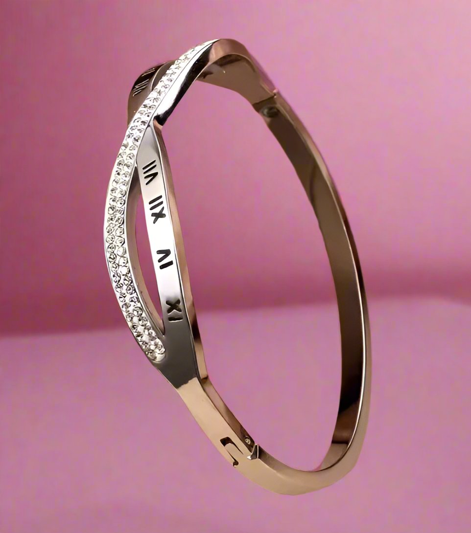 Roman Numerals Interleaved CZ Stainless Steel Bracelets Bangles