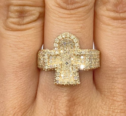 14K Gold Natural Diamonds Iced Out 3D Ankh Ring - EXRG2069