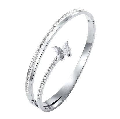 2mm Butterfly Round Cubic Zirconia Bangle Stainless Steel Bracelet