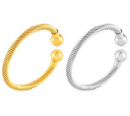 C-shaped Retro Versatile Fashion Opening Boho Braided Rope Double Ball Design Stainless Steel Bangle