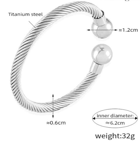 C-shaped Retro Versatile Fashion Opening Boho Braided Rope Double Ball Design Stainless Steel Bangle