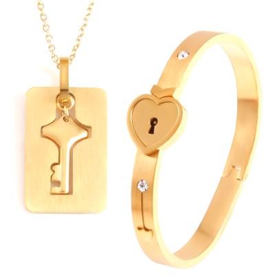 Valentine's Key Open Heart Lock Fashion Design Stainless Steel Bangle & Ring Couple Love Set