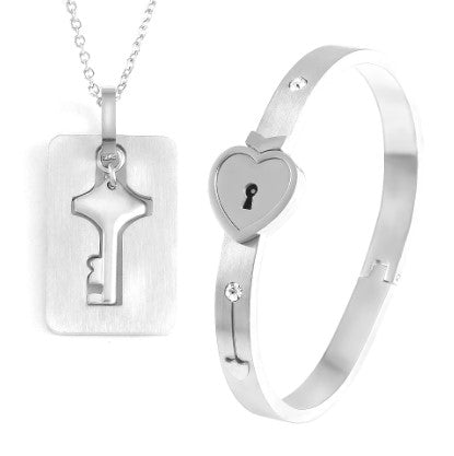 Valentine's Key Open Heart Lock Fashion Design Stainless Steel Bangle & Ring Couple Love Set