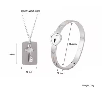 Valentine's Key Open Heart Lock Fashion Design Stainless Steel Bangle & Ring Couple Love Set