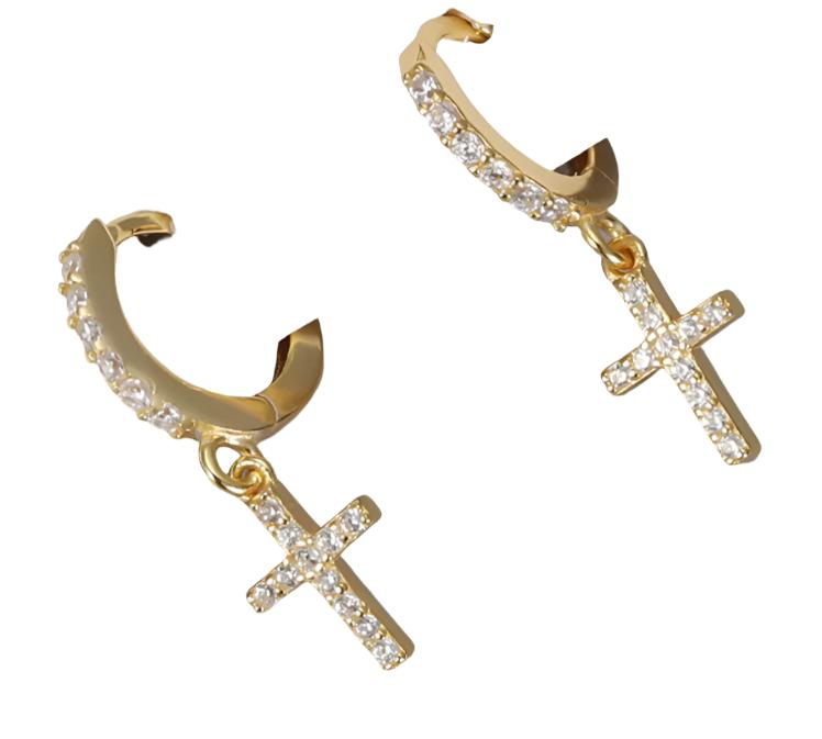 Tennis Dazzling Divine Cross Drop Huggie Hoop Earrings - C203129