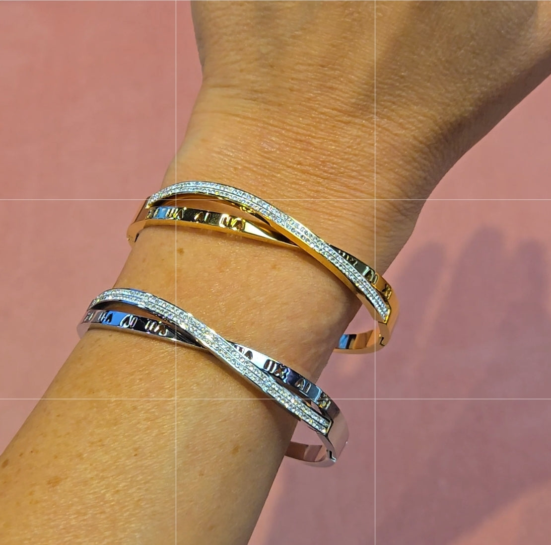 Roman Numerals Interleaved CZ Stainless Steel Bracelets Bangles