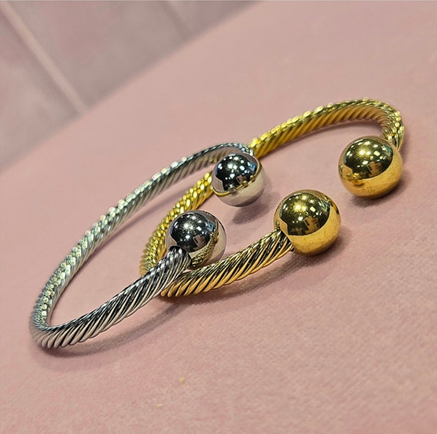 C-shaped Retro Versatile Fashion Opening Boho Braided Rope Double Ball Design Stainless Steel Bangle