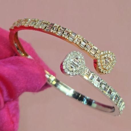 10k Rose-White Gold Baguette & Round Diamond Double Heart Unisex Bangle Bracelet