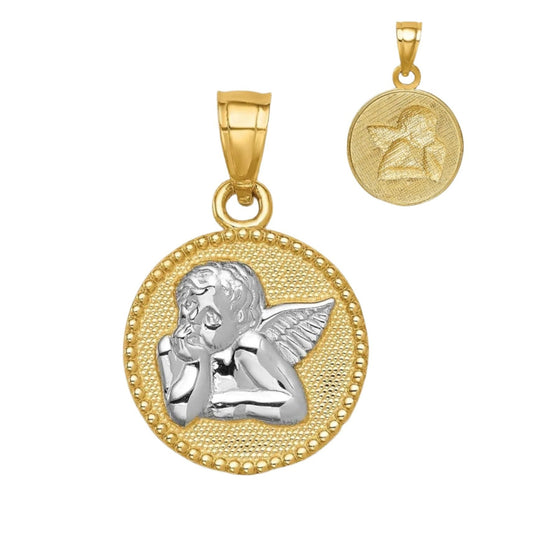 14K Gold Solid Two Toned Angel Pendant Charm Round Medallion