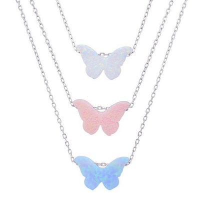 Blue Pink White Opal Butterfly Shaped 16" Necklace 925 Sterling Silver Chain - C5090479