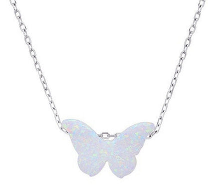 Blue Pink White Opal Butterfly Shaped 16" Necklace 925 Sterling Silver Chain - C5090479