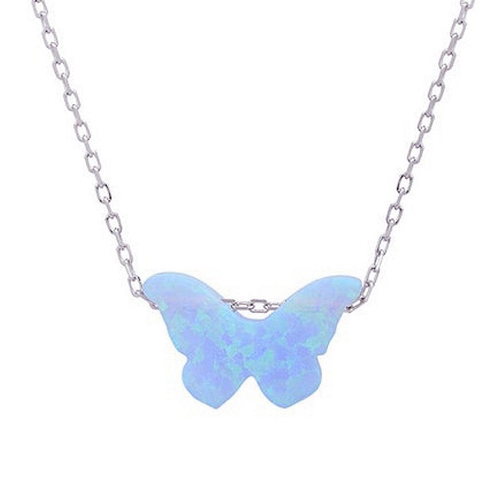 Blue Pink White Opal Butterfly Shaped 16" Necklace 925 Sterling Silver Chain - C5090479