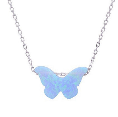 Blue Pink White Opal Butterfly Shaped 16" Necklace 925 Sterling Silver Chain - C5090479