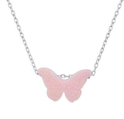 Blue Pink White Opal Butterfly Shaped 16" Necklace 925 Sterling Silver Chain - C5090479