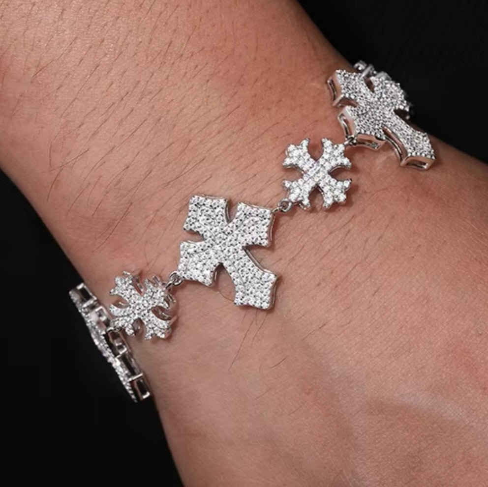 Iced Out Moissanite Sterling Silver 925 Crosses Link 13/22mm Iced Out 8"-8.5" Bracelet - M300049