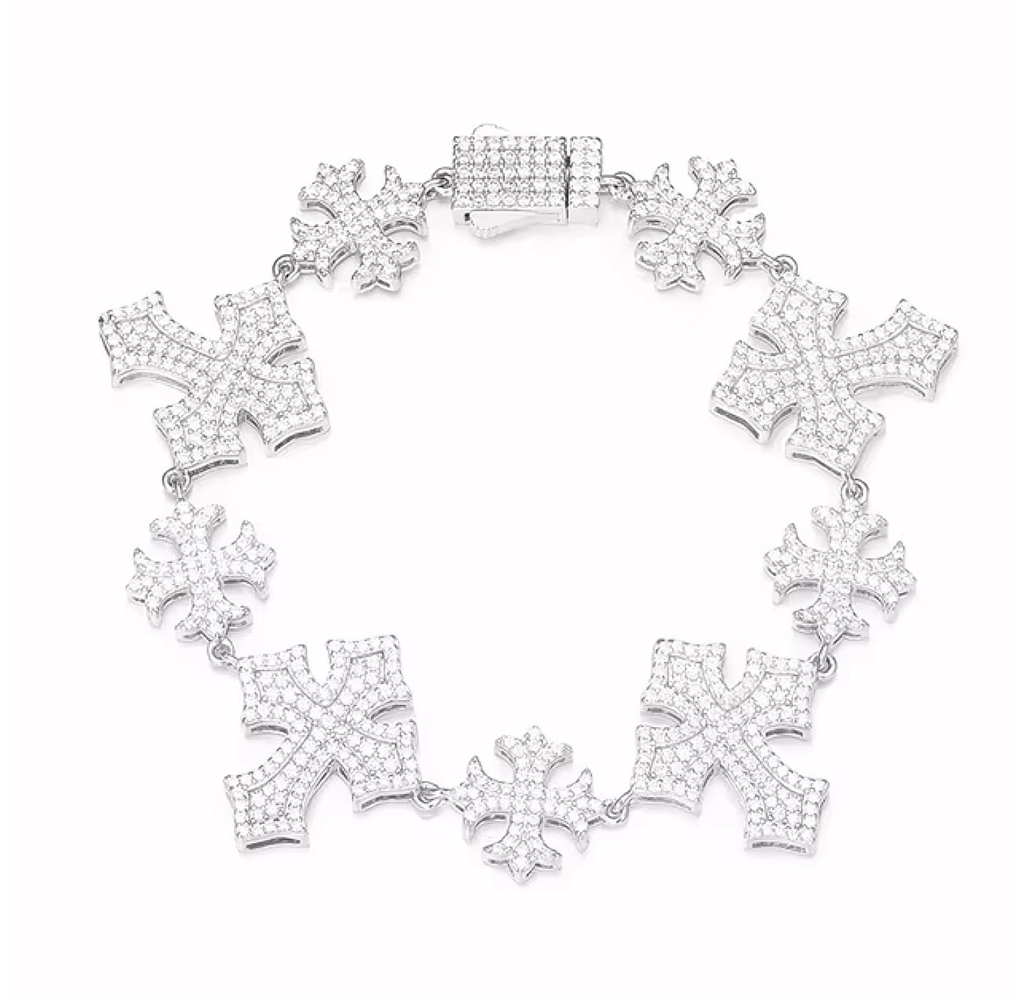 Iced Out Moissanite Sterling Silver 925 Crosses Link 13/22mm Iced Out 8"-8.5" Bracelet - M300049